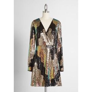 Hutch Sequin Mini Dress Long Sleeve V-Neck Abstract Gold Black Iridescent 6